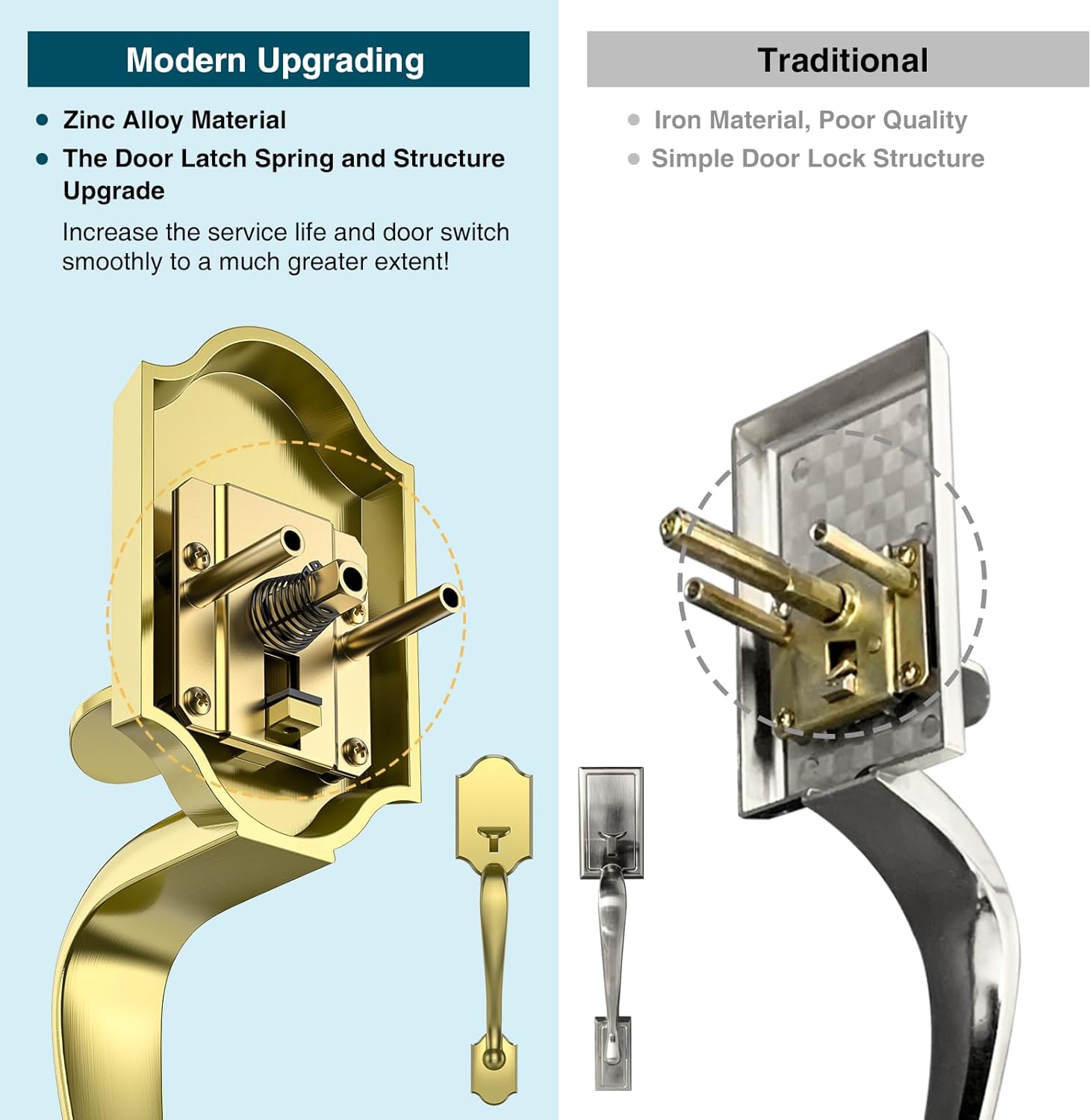 Satin Brass Front Door Handle and Deadbolt Set, Front Door Lock Set with Crystal Glass Door Knob, Exterior Door Lock Set with Single Cylinder, Reversible for Right & Left, Gold