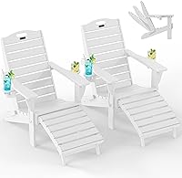 Vista 18 de Ciokea Juego de 2 sillas plegables Adirondack con otomano retráctil para hoguera, silla de patio con reposapiés extraíble, resistente a