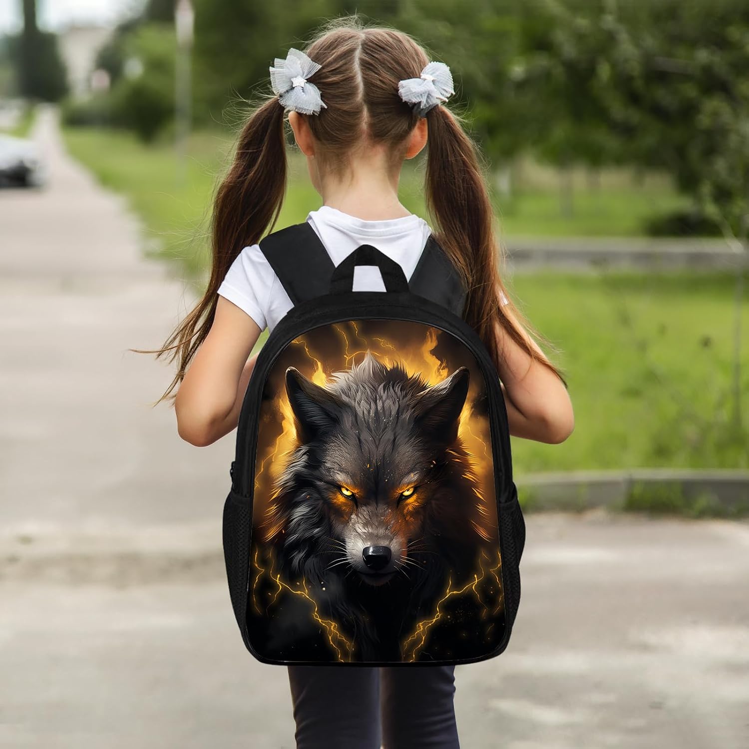 Huke Kids Wolf Backpack for Boys Girls, Cool Black Gold Lightning Backpack for School & Travel, Big Kids Child Backpacks, Elementary Middle High College Student Bookbag, Fire Wolf, 17 Inch