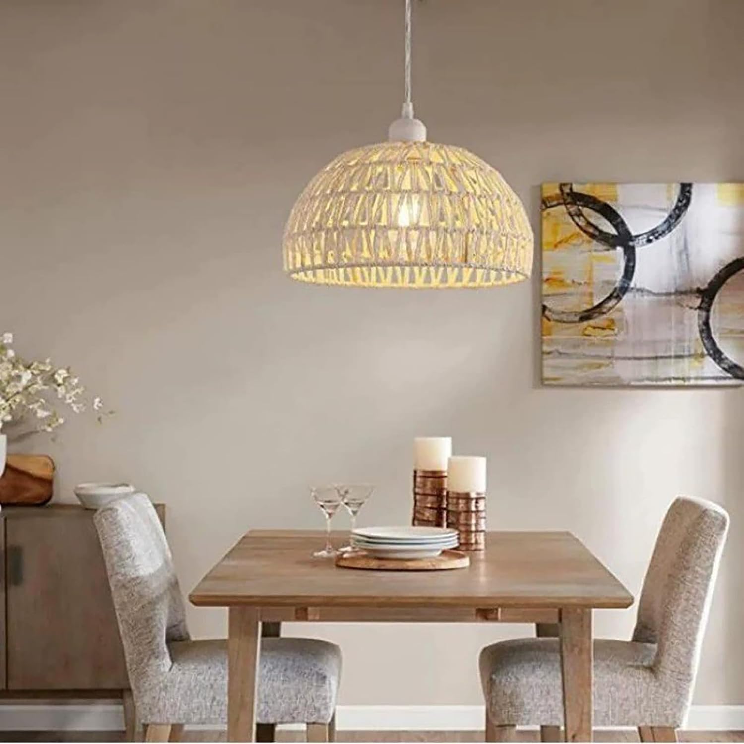 2-Packs 11.8" White Industrial Metal Lamp Shade Replacement, Woven Natural Bohemian Rattan Vintage Dome Shape Hollow-Carved, DIY for Torchiere Pendants Table, Swag Lamp