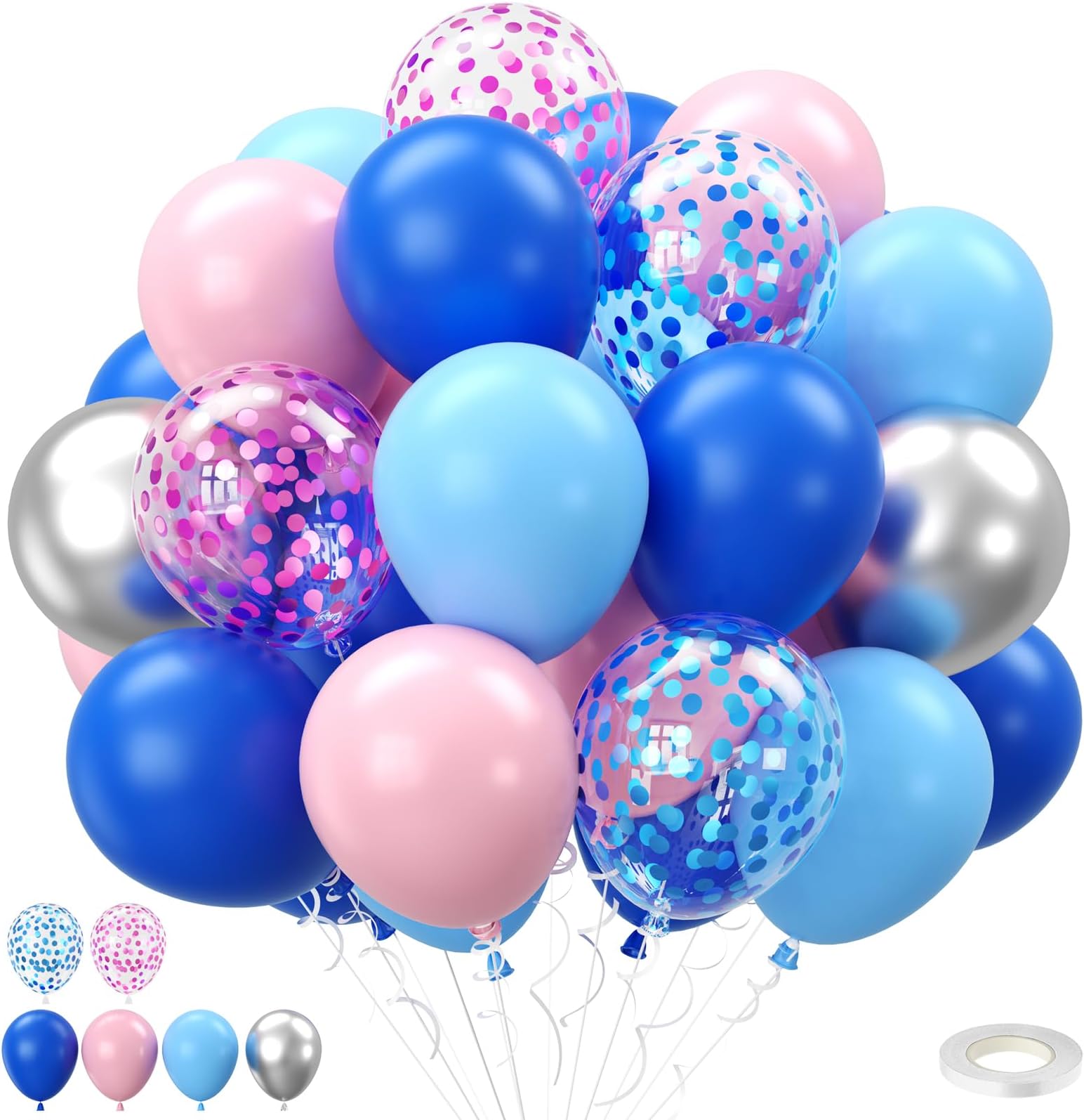 Blue and Pink Balloons Set, 50Pcs 12 Inch Pink Blue Silver Balloons,Pastel Blue Pink Confetti Balloons for Birthday Baby Shower Gender Reveal Supplies