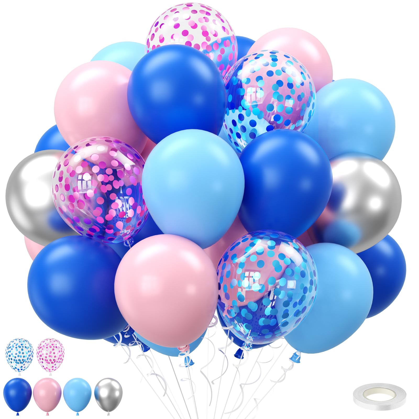 Blue and Pink Balloons Set, 50Pcs 12 Inch Pink Blue Silver Balloons,Pastel Blue Pink Confetti Balloons for Birthday Baby Shower Gender Reveal Supplies