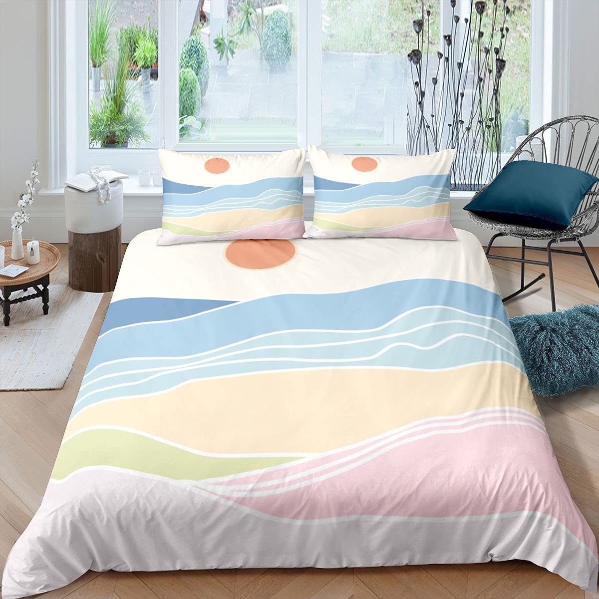 Loussiesd Juego de ropa de cama abstracta colorido sol océano para niñas niños niños mar olas pintadas ropa de cama y lino naturaleza paisajes funda de edredón Super King 3 piezas ropa de cama