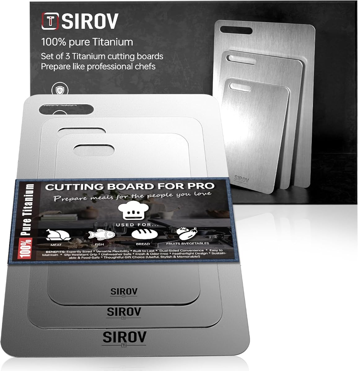 Titanium Cutting Board, 100% Pure Titanium Cutting Boards For Kitchen, Best Non Toxic chopping board, Dishwasher safe, Hygiene and Durability for Meat, Fruit, and Vegetables (Set of 3)