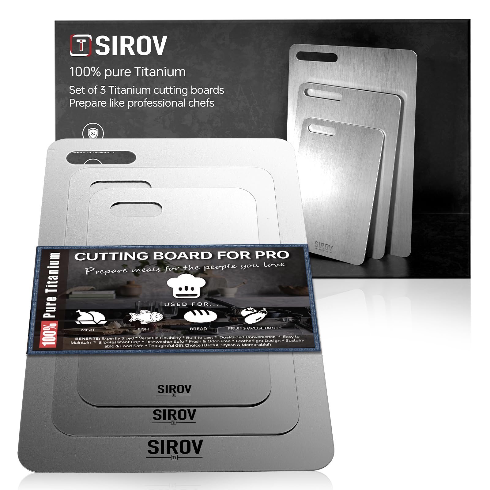 Set of 3 100% Pure Titanium Cutting Boards - Hygienic & Durable