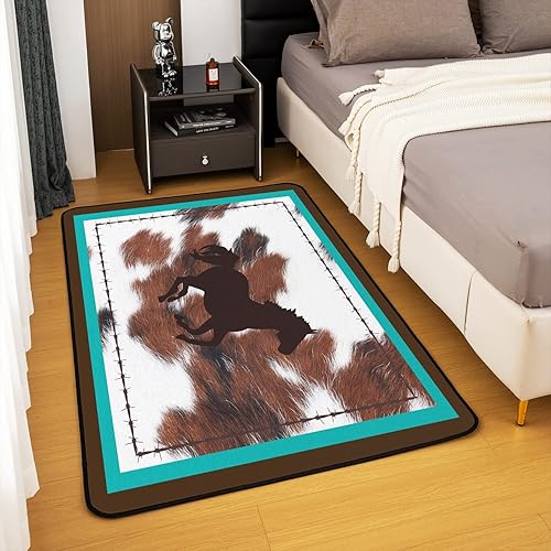 Miniatura 4 de Alfombra de caballo de 5 x 7 pulgadas, alfombra de piel de vaca con estampado de granja occidental para sala de estar, dormitorio, color verde