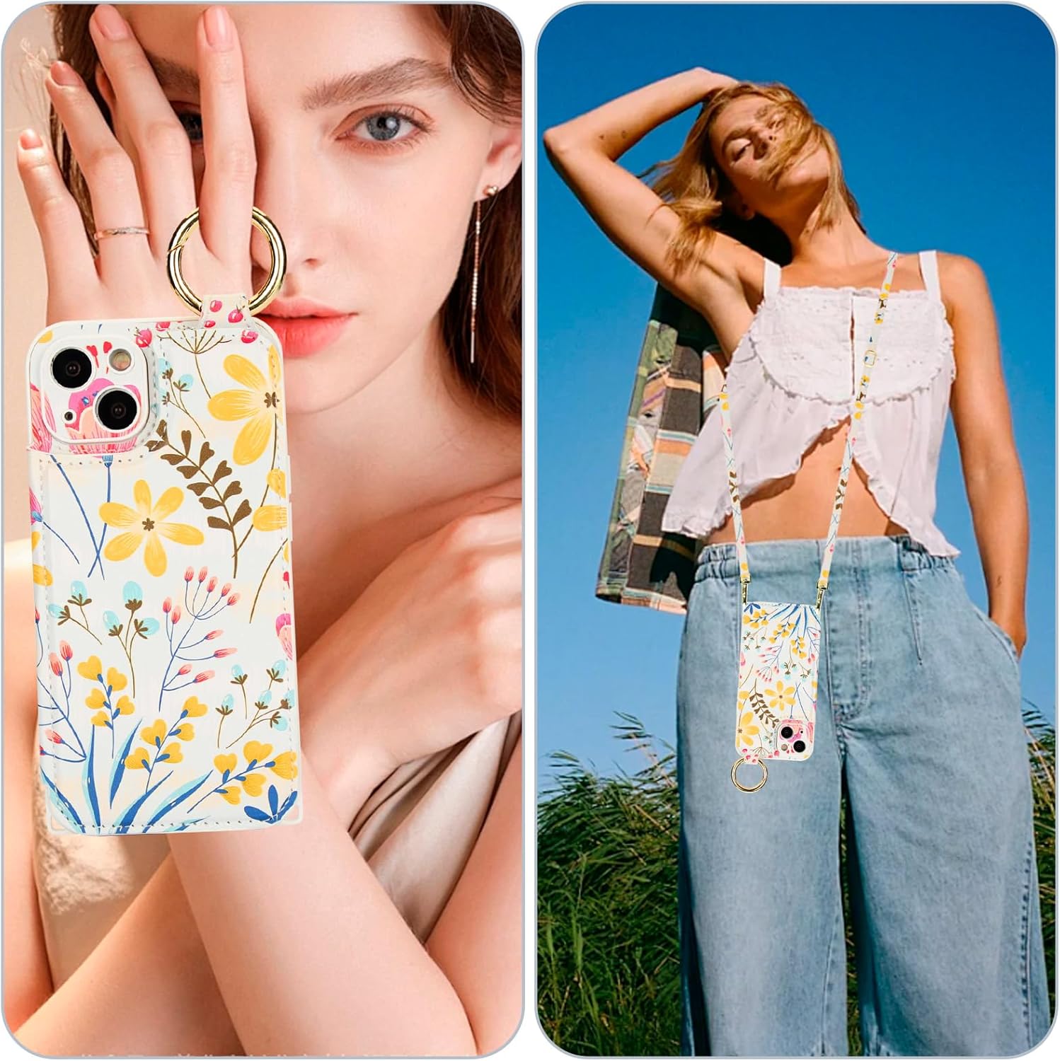 HAOPINSH Crossbody Wallet Case with Card Holder for iPhone 13, RFID Blocking Leather Case with Wrist Strap Lanyard, Finger Grip Ring,Floral Flower Print Flip Folio Kickstand Camera Protection 6.1"