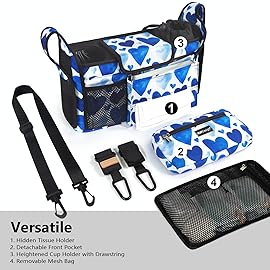 TOPDesign Universal Baby Stroller Organizer, Stroller Caddy with Detachable Mesh Bag & Heightened Insulated Cup Holders & Non-Slip Secure Hooks Accessories, Fits Most Strollers (Love)