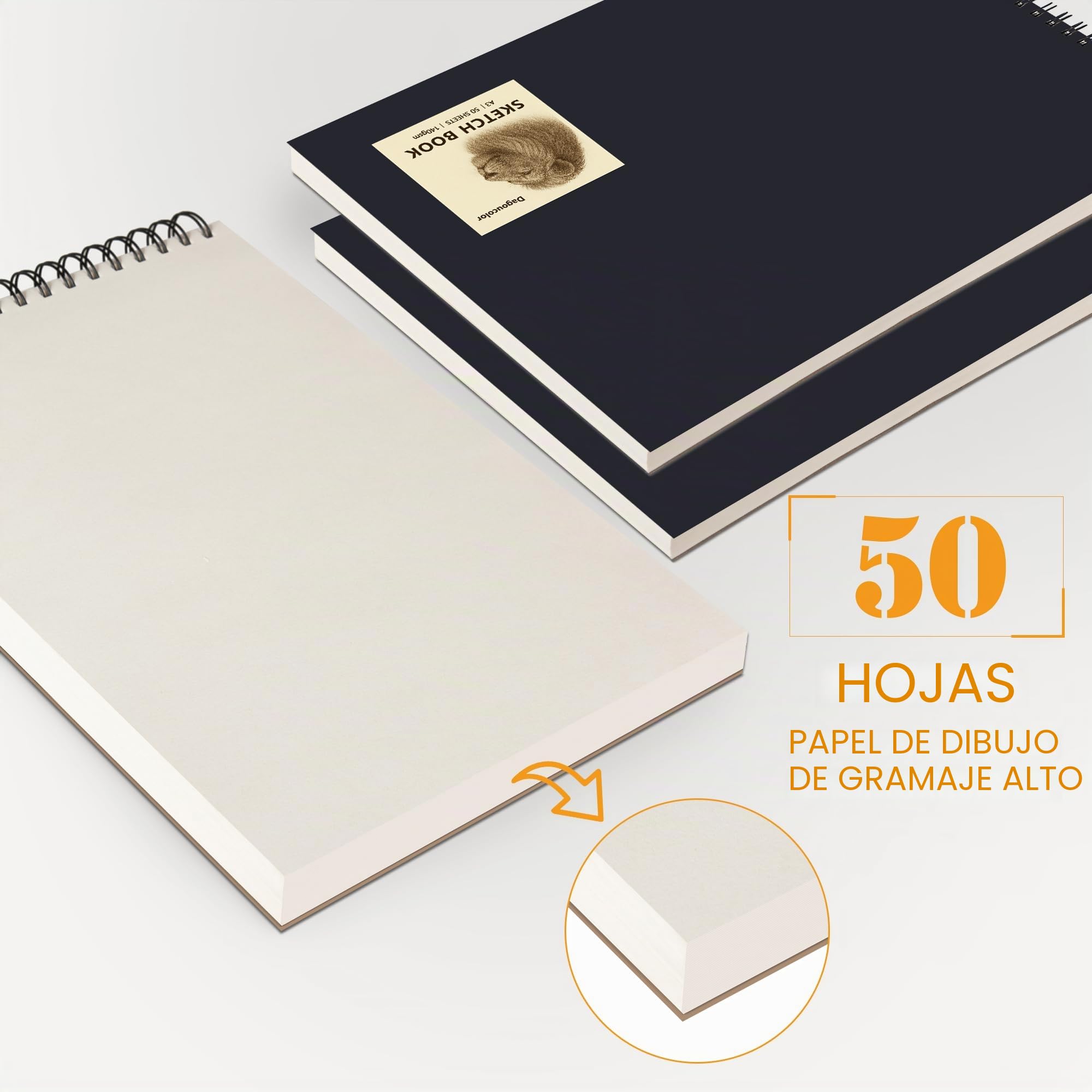 DagouColor Libro de Bocetos Sketch, 2 Pack, 50 Hojas(100 Páginas), A3 Espiral Papel de Dibujo Arte Libre ácido, 140GSM Cuadernos De Dibujo, Para Artistas Principiantes, Adultos, Niños y Niñas | Papel de dibujo artístico sin ácidos, bloc de dibujo en espir