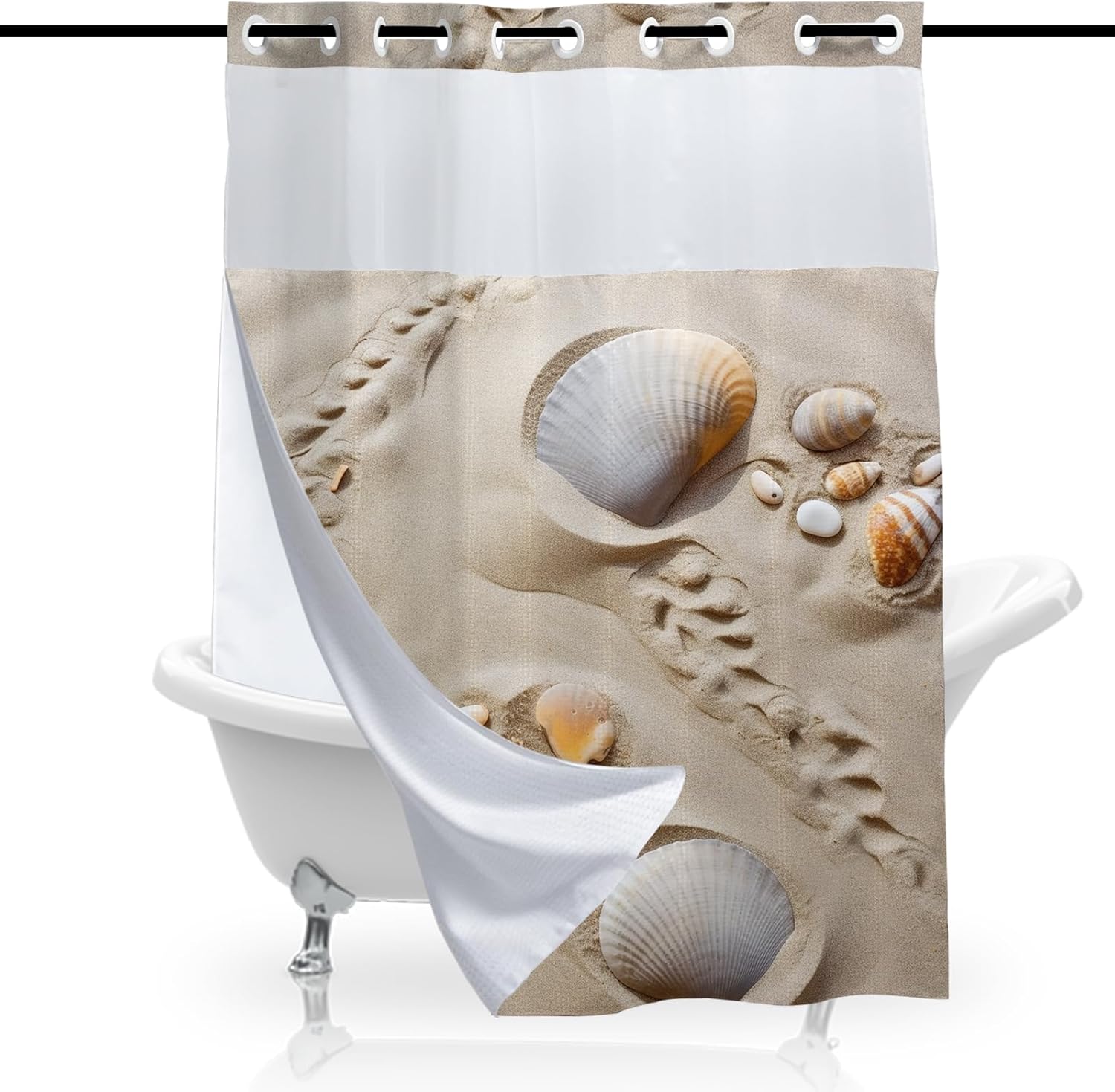 Seashell Beach Shower Curtain for Bathroom, Waterproof Waffle Aesthetic Coastal Shower Curtain with Snap in Fabric Liner Set, Heavy Duty Bath Curtains Hotel Spa Luxury Polyester 72Wx74H No Hook