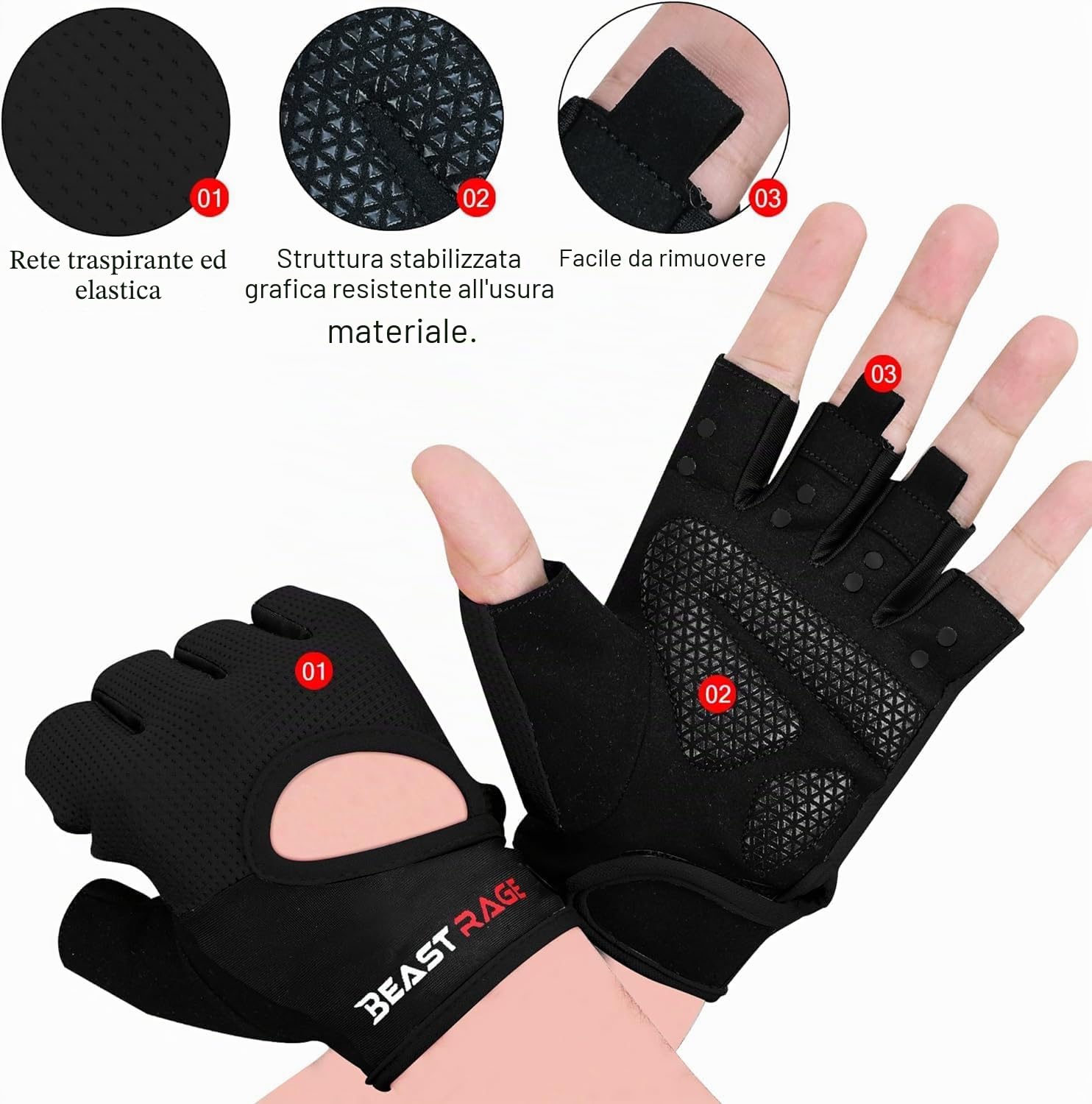 BEAST RAGE Guanti da fitness traspiranti per sollevamento pesi antiscivolo