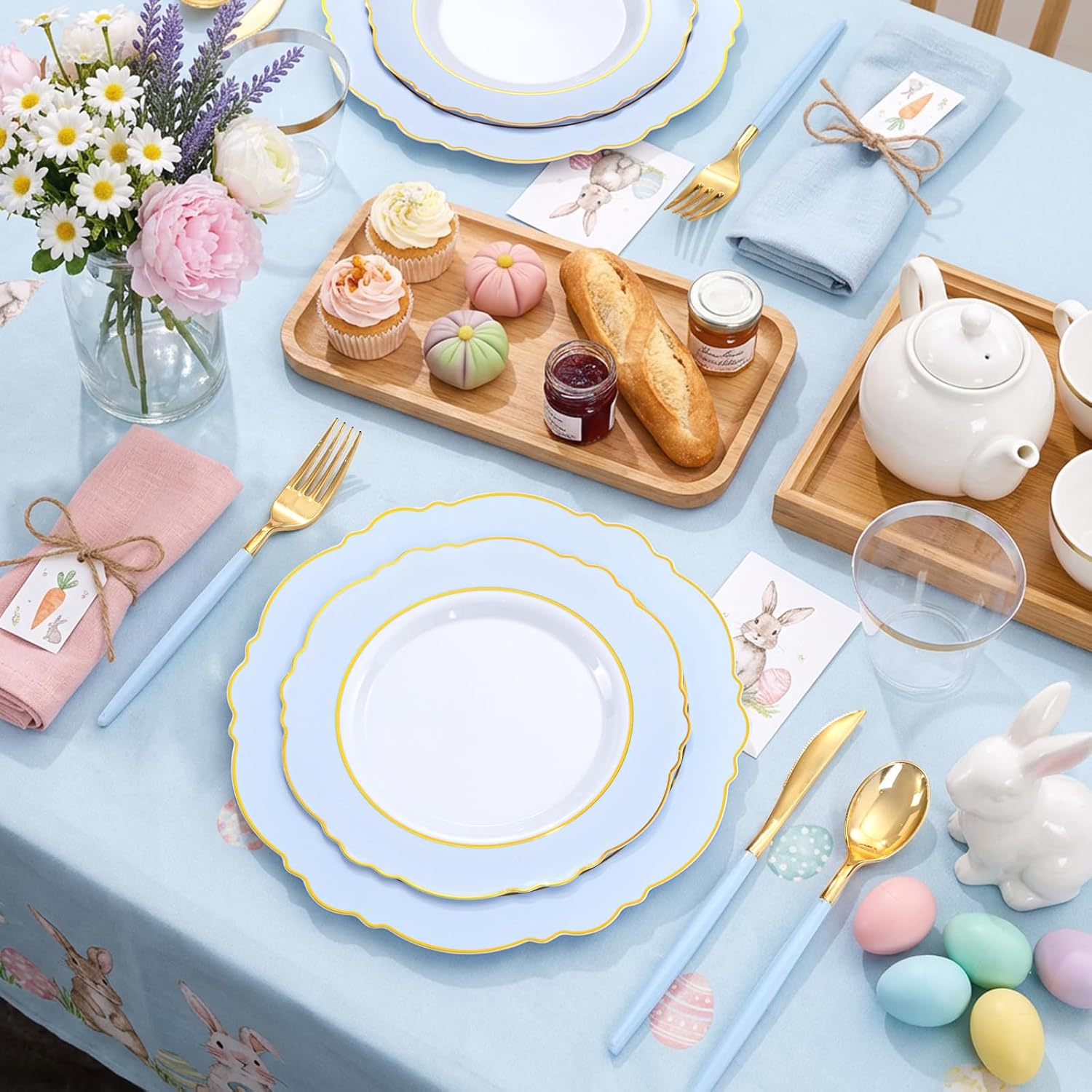 WDF 150pieces Baby Blue Plastic Plates with Gold Rim - Disposable Gold Plastic Silverware With Blue Handle-Baroque Light Blue&Gold Disposable Plates Dinnerware for Wedding/Party/Baby Shower/Easter