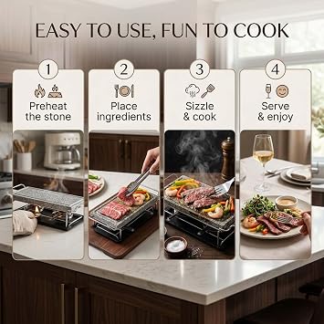 Artestia Hot Stone Steak Cooking Set, Stone Plate with Tray & Rack | Natural hot stone retains heat for even cooking, keeping steak sizzling longer for restaurant-style meals at home or BBQs