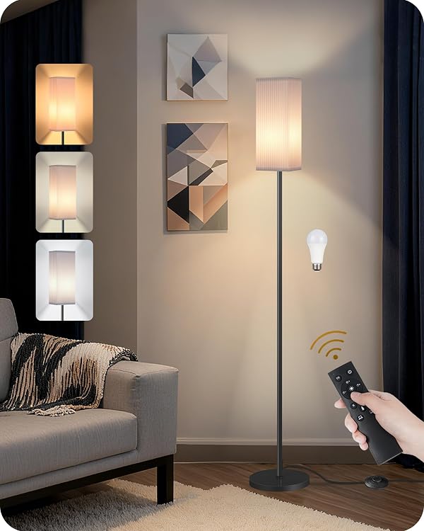 GOEBLESON 64.2” Dimmable Floor Lamp for Living Room with Remote and Foot Switch, Corner Floor Lamp for Bedroom, Includes 10W A19 Bulb, Modern Standing Tall Lamp, ETL Listed White and Black CW17LD05 by GOEBLESON - Used condition - US$23.99