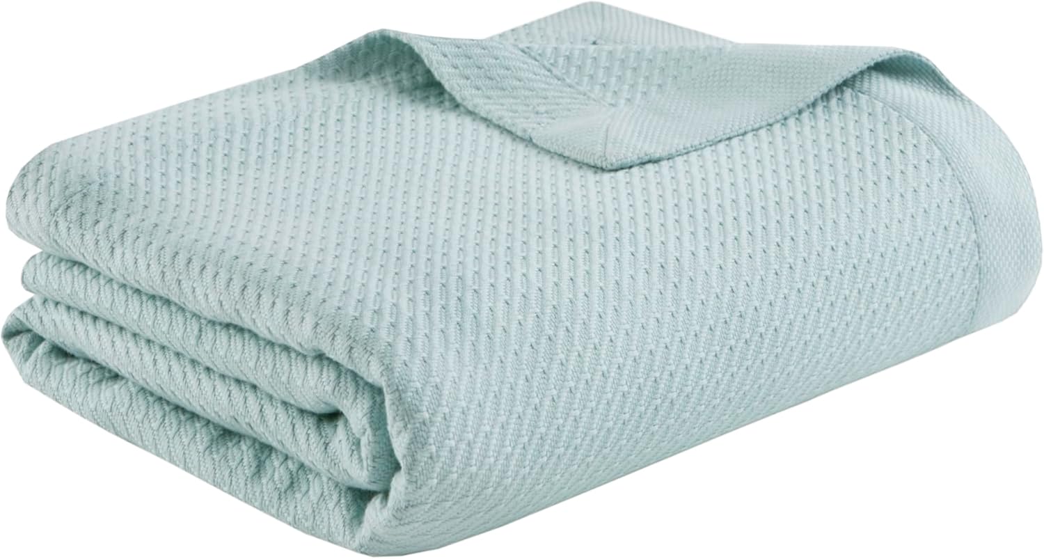 Madison Park 100% Egyptian Cotton Lightweight Summer Blanket, Breathable Waffle Knit Design, Soft Cozy All-Season Throw for Bed, Couch or Sofa, Light Blue King Size (108″x90″)