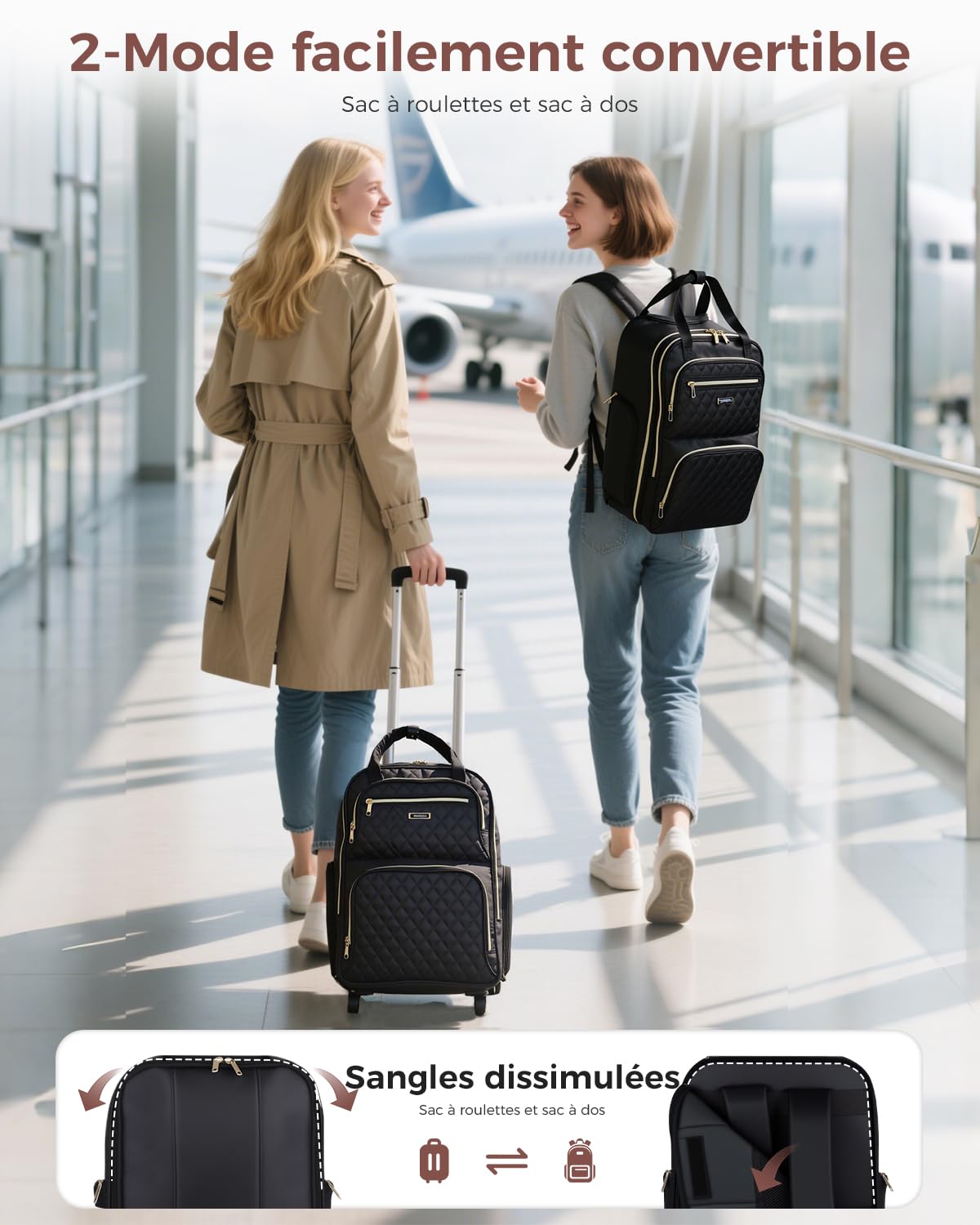 Ponhog Sac à Dos à roulettes pour Femme, Sac à Dos de Voyage pour Ordinateur Portable de 15.6", Sac à Dos à roulettes de 30L pour Adultes, Travail, Travail, Nuit, Article Personnel
