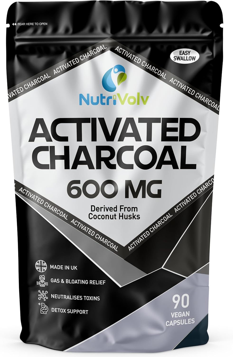 Activated Charcoal 600mg | 90 Capsules | Reduce Flatulence, Gas & Bloating | Detox