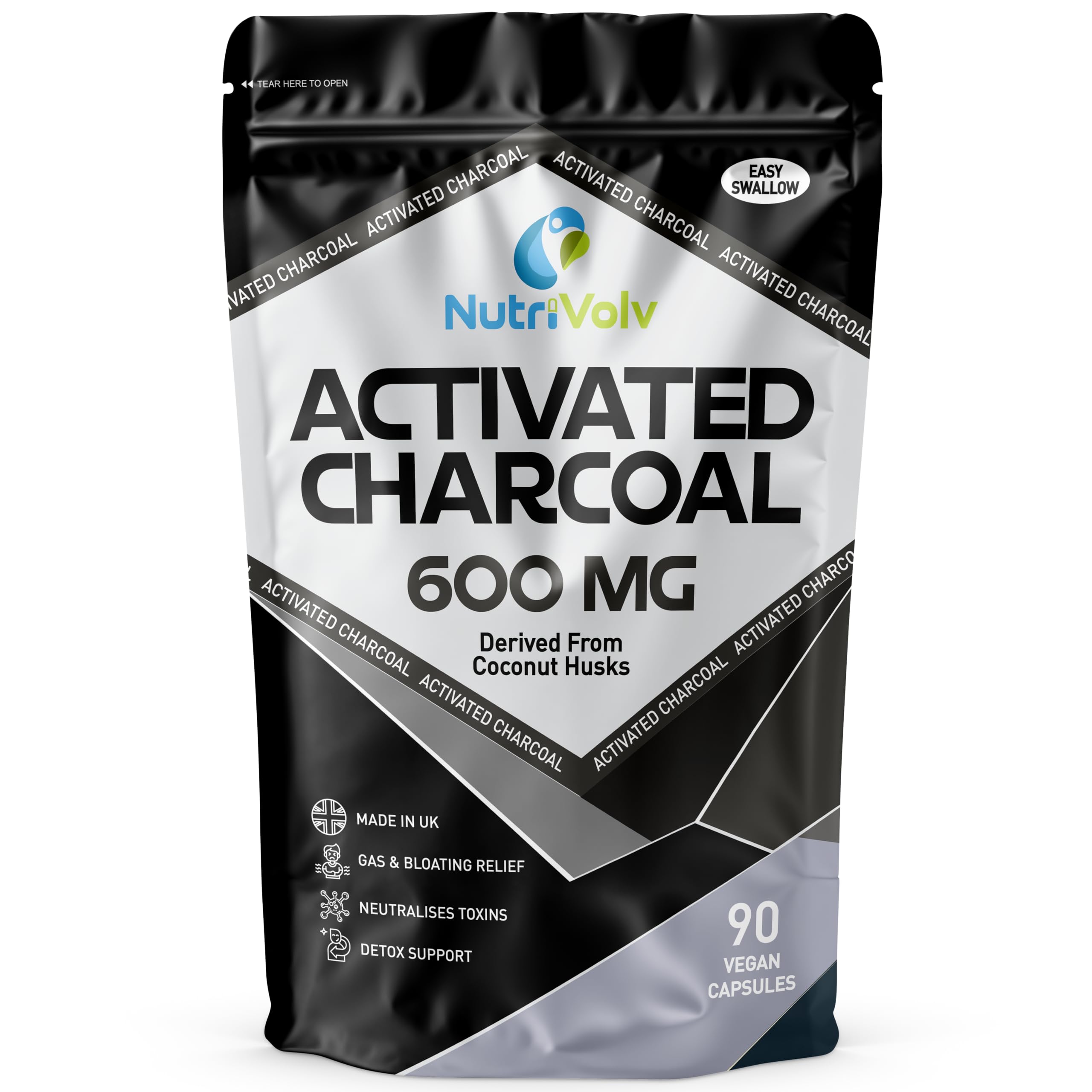 Activated Charcoal 600mg | 90 Capsules | Reduce Flatulence, Gas & Bloating | Detox