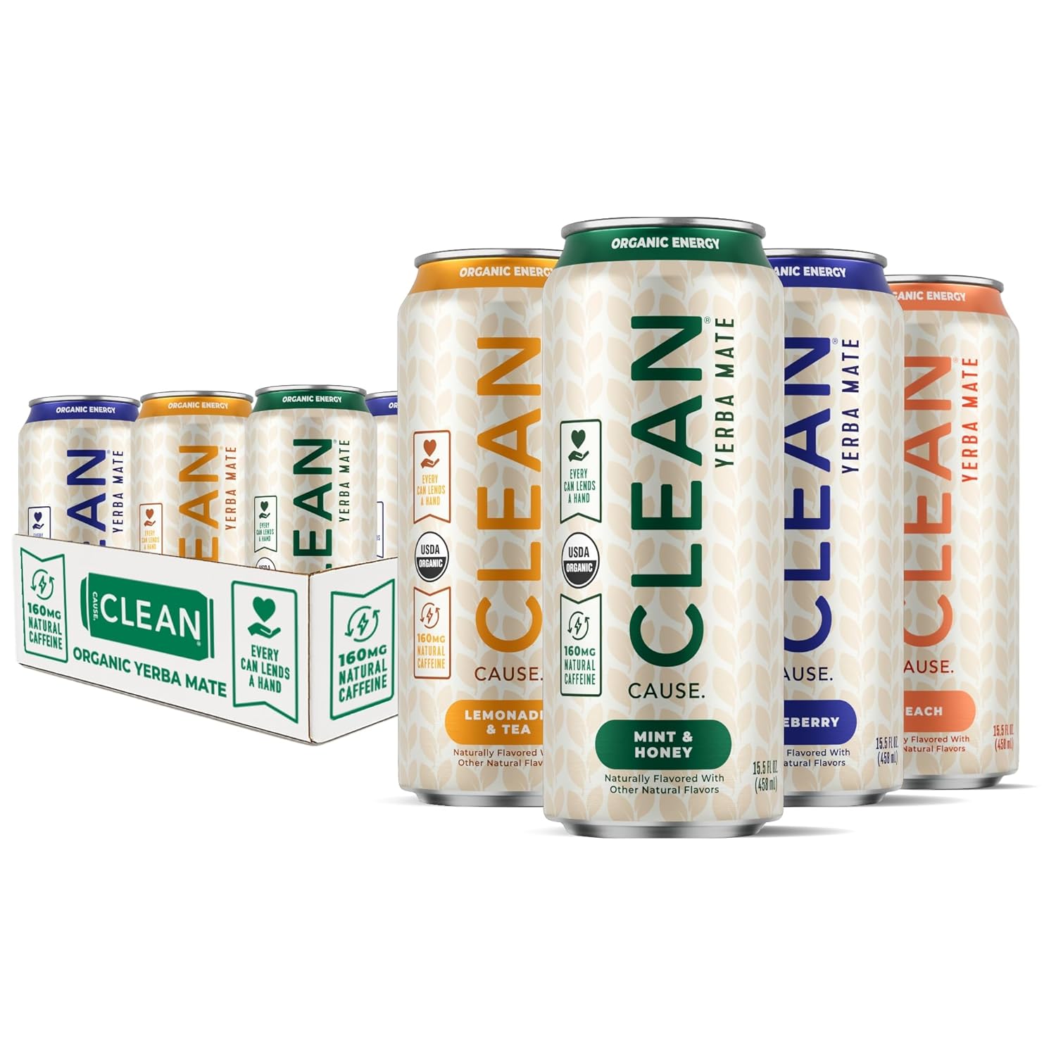 NEW! CLEAN Cause Variety Pack Organic Yerba Mate Tea (15.5oz cans, 12-Pack Case, 4 flavors) Non-Carbonated, 160mg Caffeine