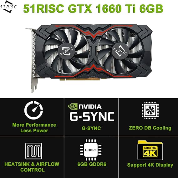 51RISC GeForce GTX 1660 Ti Graphics Card, 6GB GDDR6 192bit Video Card for Gaming GPU PCIe 3.0 x16 DP HDMI DVI 1080P 2K Game PC Card 1660ti 4K 8K Display (GTX 1660 Ti - Red)