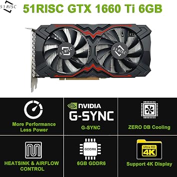 51RISC GeForce GTX 1660 Ti Graphics Card, 6GB GDDR6 192bit Video Card for Gaming GPU PCIe 3.0 x16 DP HDMI DVI 1080P 2K Game PC Card 1660ti 4K 8K Display (GTX 1660 Ti - Red)