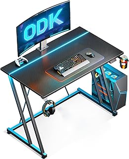 ODK Gaming Desk with LED Lights, Gaming Table with Cup Holder and Headphone Hook, Double Z Frame Design Computer Desk Carb…