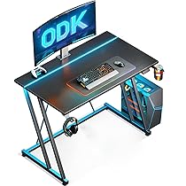 ODK Scrivania Gaming con LED, 80 × 50 cm Tavolo Gaming con Portabicchieri e Gancio per Cuffie, Scrivania Computer con Design a Doppia Z Fibra di Carbonio Nera