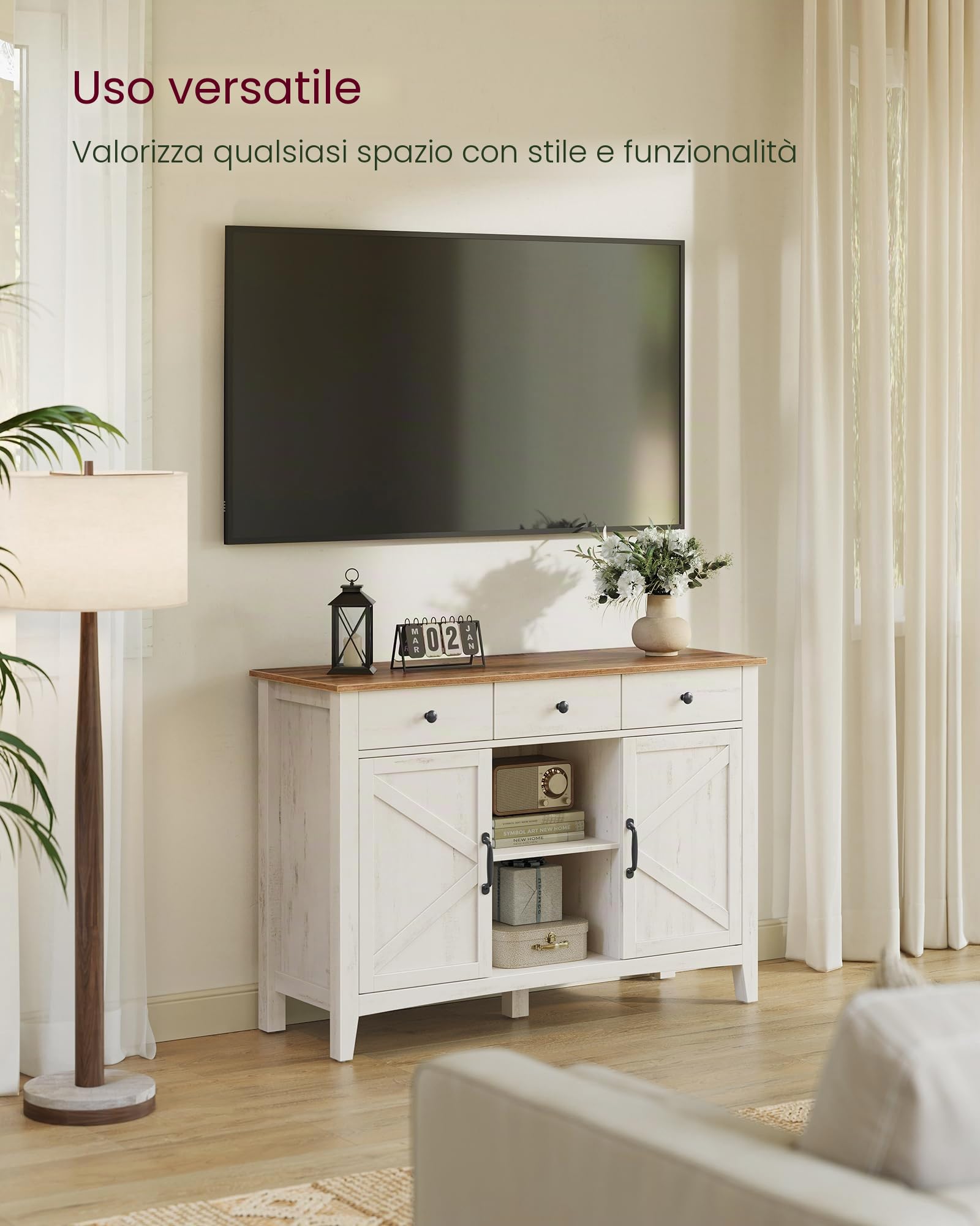 VASAGLE Mobiletto da cucina, credenza con cassetti, armadietto portaoggetti con ante, ripiano regolabile, stile rustico, per soggiorno, cucina, 40 x 114,5 x 80 cm, bianco vintage e marrone miele