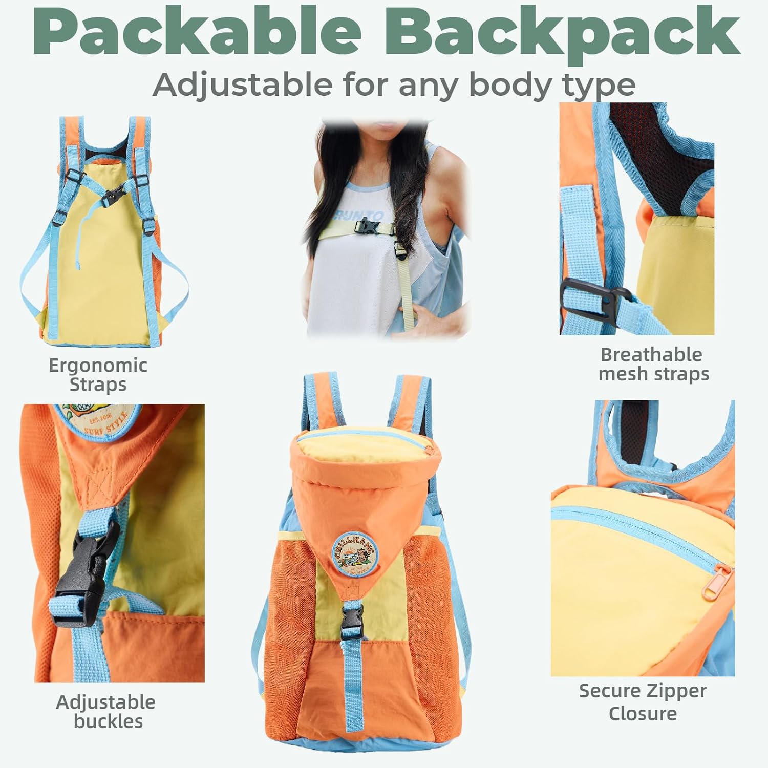 Packable 18L Hiking Daypack, Lightweight for Men/Women. Foldable, Water-Resistant, Small Backpack Color Block. (Orange)