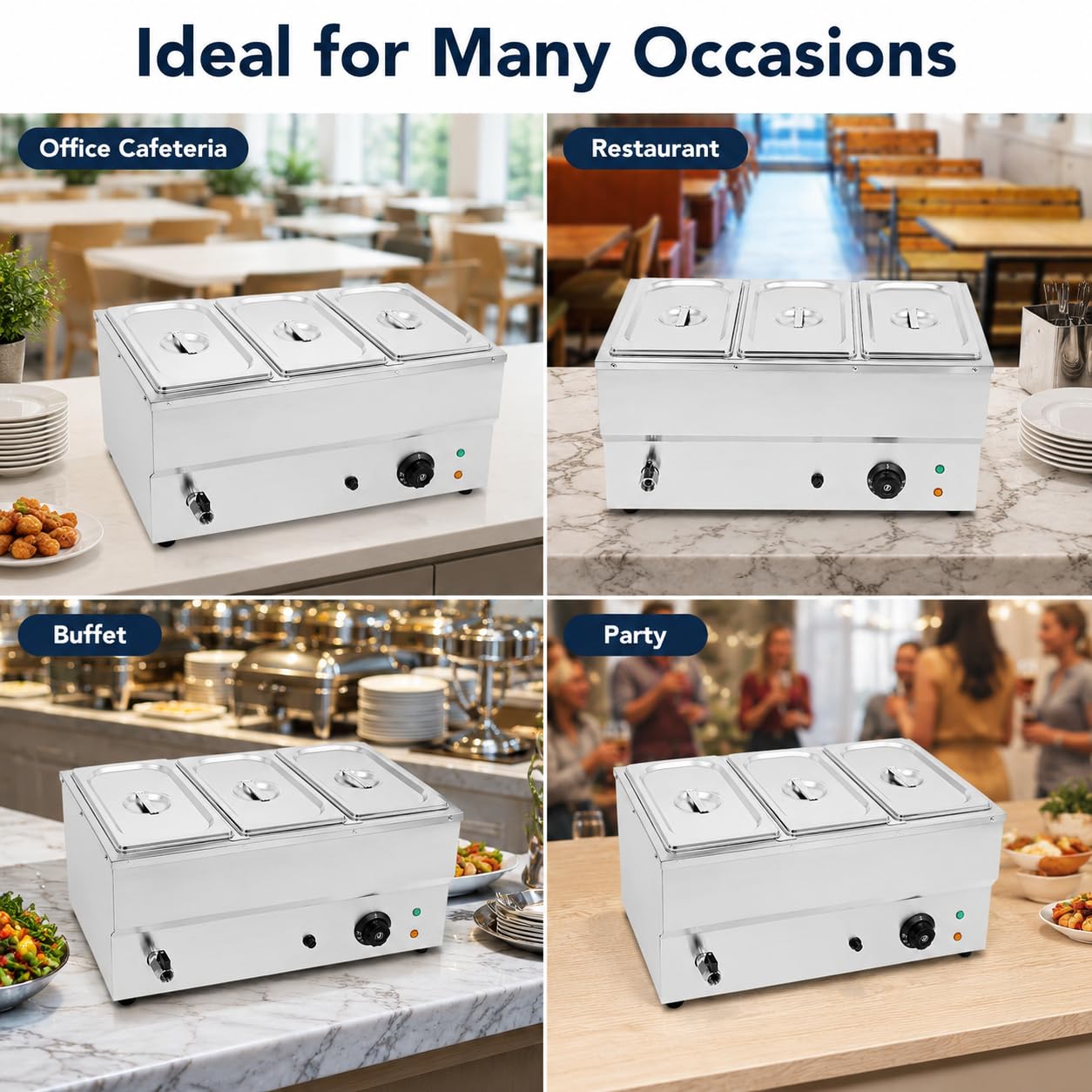 Chauffe Plat Électrique Bain Marie à 3 Casseroles Température Réglable avec Couvercles Chafing Dish Buffet,pour la Maison, Cafétéria, Fête d'anniversaire, Restaurant, Fête