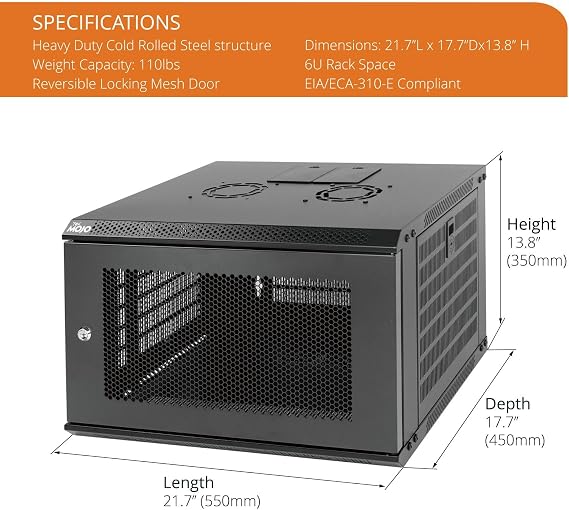 Tecmojo 6U Wall Mount Rack Network Cabinet for 19 IT Equipment,with Lockable Mesh Door and Side Panels,Cooling Fan,450mm Depth (Standard 6U/450mm Deep), Mesh/Black