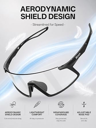 SCVCN Photochromic or Mirrored Cycling Sunglasses for Men and Women S467 | TR90 frame, PC lens, adjustable nose pad, vented design for cycling.