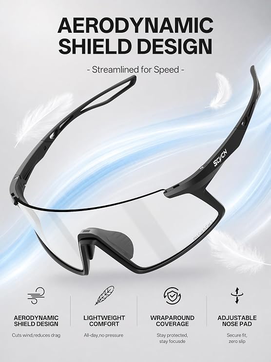 SCVCN Photochromic or Mirrored Cycling Sunglasses for Men and Women S467 | TR90 frame, PC lens, adjustable nose pad, vented design for cycling.