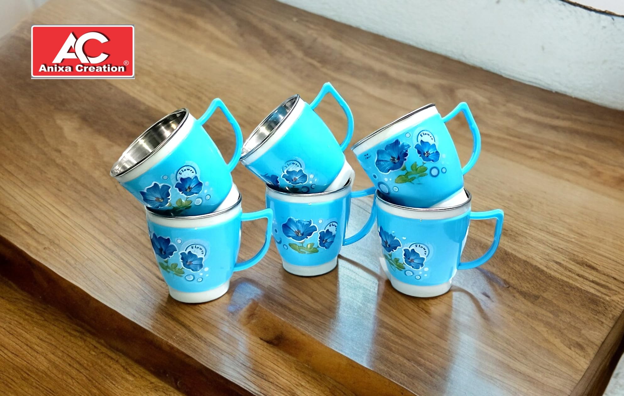 Anixa Creation Evolo Pack of 6 Stainless Steel Tea Cup Set | Steel Cups | Coffee Cups | Payali Set, Mini Cups Set of 6 | Chai ka Cup - Inner Steel Outer Plastic (Blue) 2