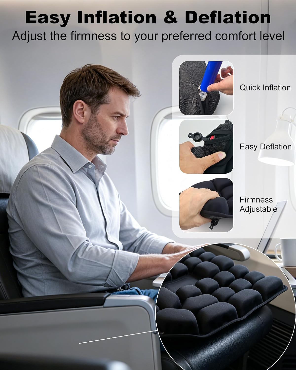 Upgrade Inflatable Airplane Seat Cushion for Long Flights - 3D Air Pressure Relief Travel Cushion - Portable Seat Cushion for Airplane, Office Chair, Car&Wheelchair - Ergonomic Comfort Support
