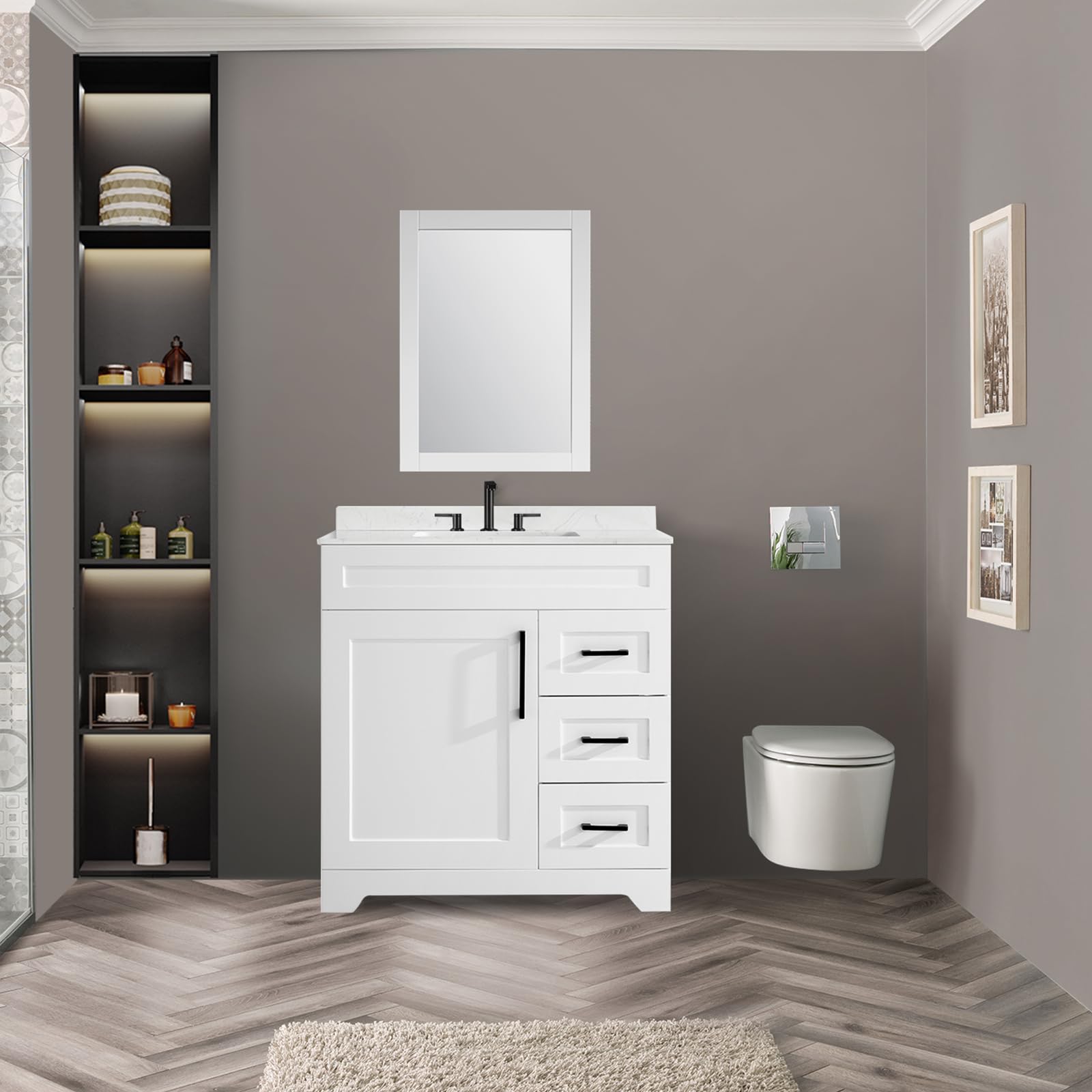 *******SIMILAR******* 30" Luxurious Bathroom Vanity with White Stone Countertop and Rectangle Sink and Back Splash,1 Soft Closing Doors & 3 Full Extension Drawers (Without Faucet?Pop Up Drain &Mirror)