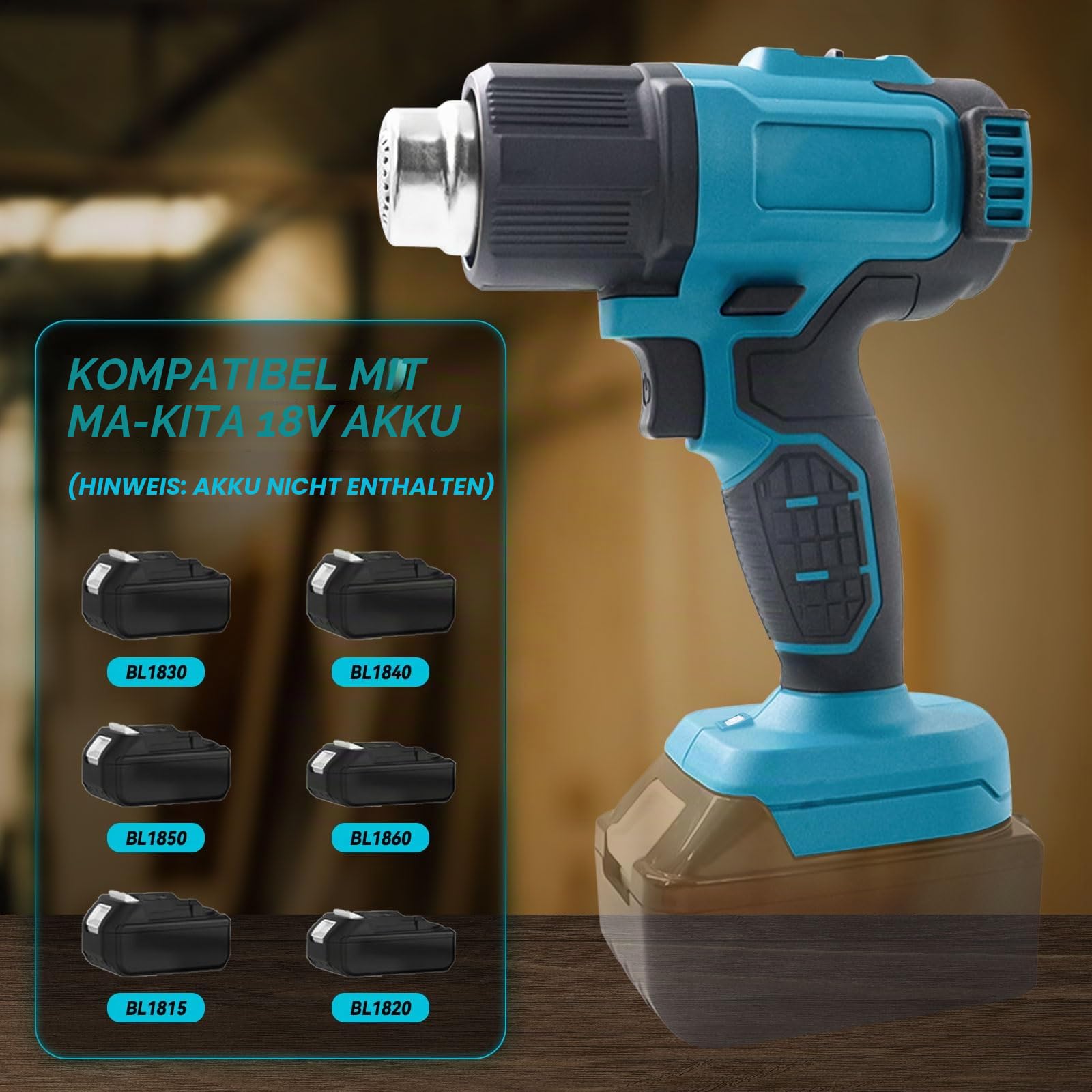 Akku-Heißluftpistole kompatibel mit Makita 18V, Variable Temperaturregelung 50℃-550℃ Elektrische Heißluftfön Schnelle Erwärmung mit LED Anzeige zum Entlacken, Löten mit 5 Düsen(ohne Batterie)