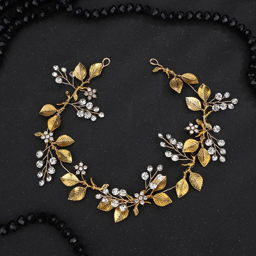 Denifery Bride Wedding Leaf Hair Vine Bridal Gold Hair Piece Rhinestone Headband Hair Accessories for Women and Girls - Image 2