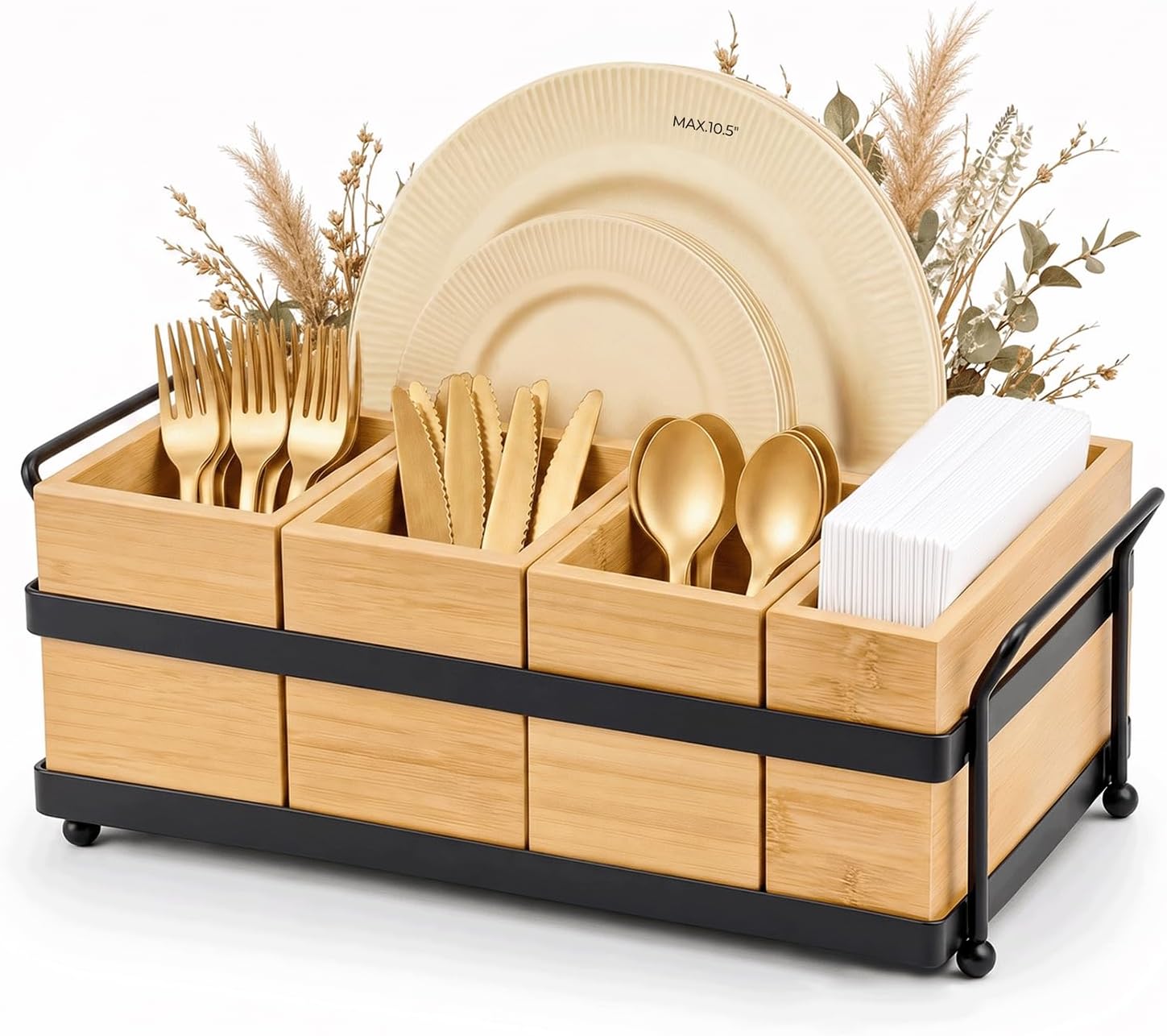 ceramic utensil holder with wooden utensil set.