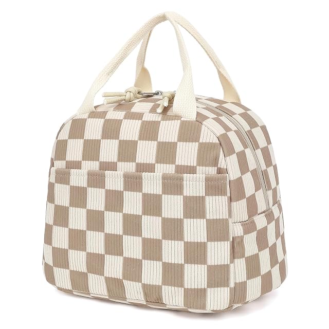 Corduroy Lunch Box for Women Girls Cooler Lunch Bags Reusable Insulated Lunchbox for Picnic School Work Travel Checkered