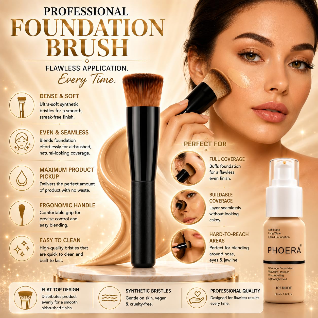 Glamza PHOERA Foundation 102 e 104,Fondotinta a copertura totale, copertura completa, 30 ml, 24 ore di controllo dell'olio opaco (Buff Beige #104) (Nudo #102) + pennello liquido fondotinta