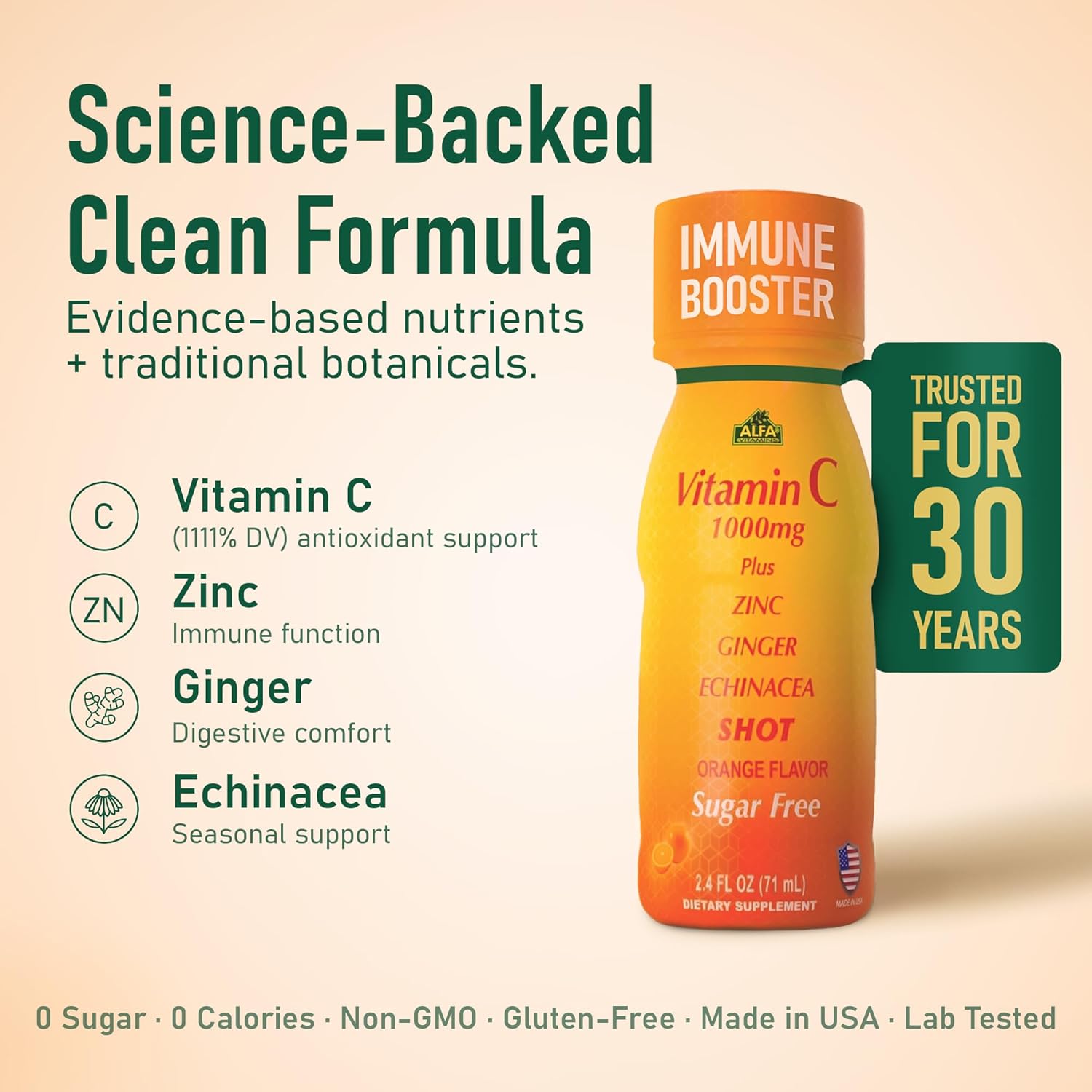 ALFA VITAMINS Vitamin C Shot 1000mg with Zinc, Ginger & Echinacea – Supports Immune Health & Daily Wellness – Orange Flavor – 2.4 FL Oz Bottle – 4 Pack