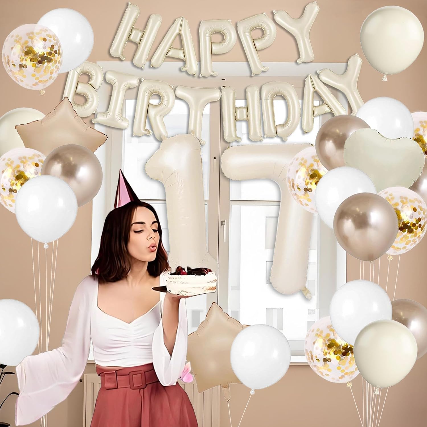 Happy 17th Birthday Decorations, Cream 17 Balloon Numbers, White Happy Birthday Balloons, Star, Heart, Cream And Sand White Balloons For 17 Birthday Decorations image 4