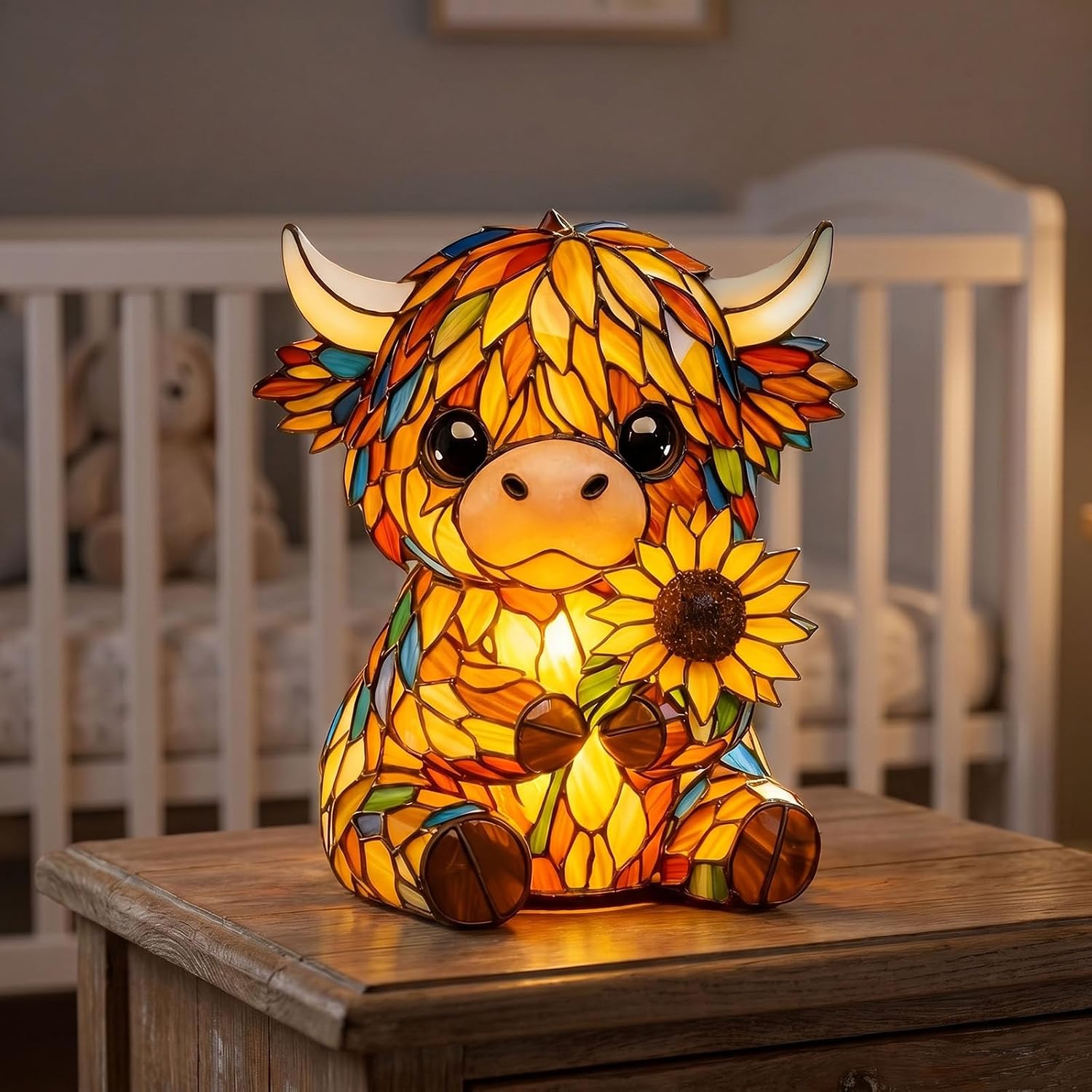 Rustic Highland Cow Art Lamp, Handcrafted Sunflower Highland Cow Lamp, USB Stained Glass Sunflower Lamp & 3D Animal Night Light for Home Office Bedroom Decor (1pc)