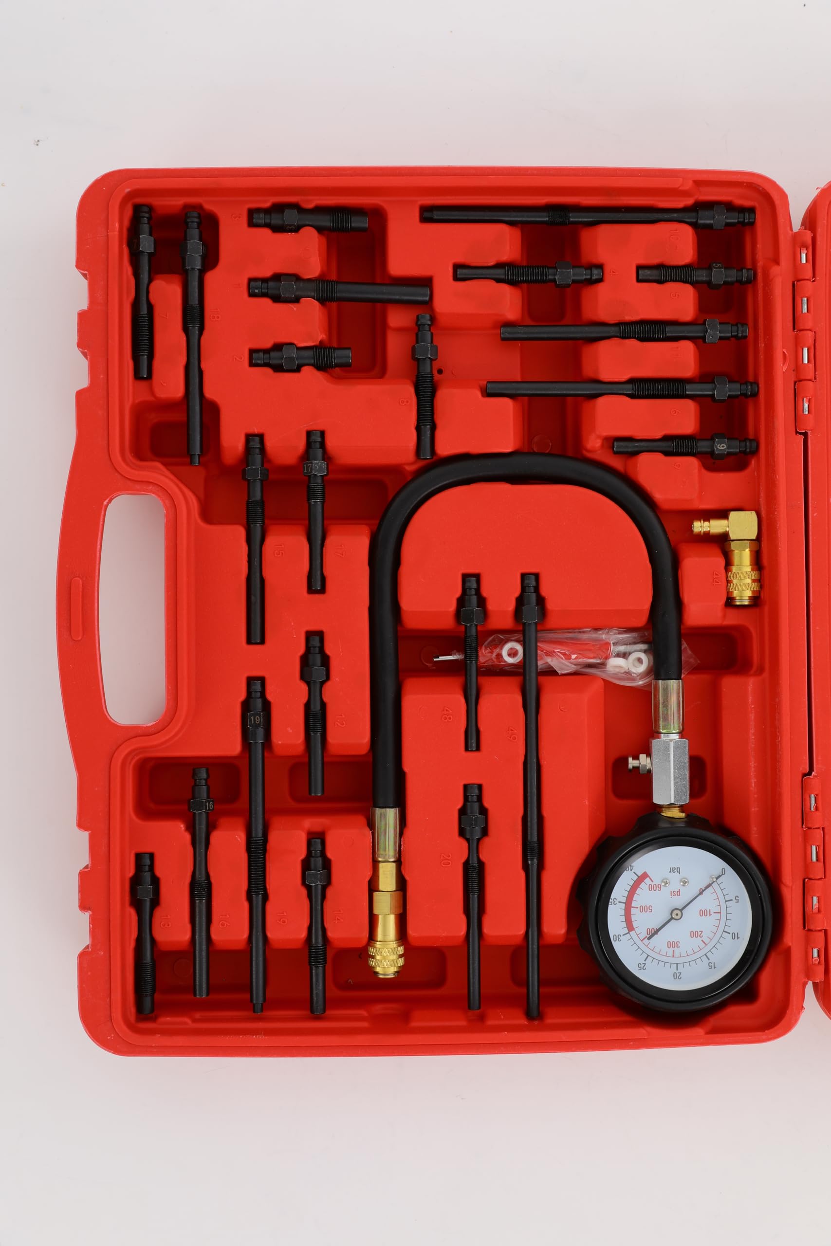 Tester di compressione in acciaio al carbonio #45, 0 – 40 bar, tester di compressione Diesel 45 × 35 × 5 cm
