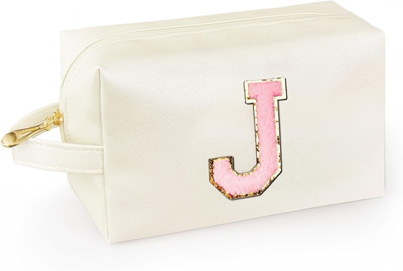 Necessaire de maquiagem WEMVP com alça e bolso interno com zíper, inicial J, branca