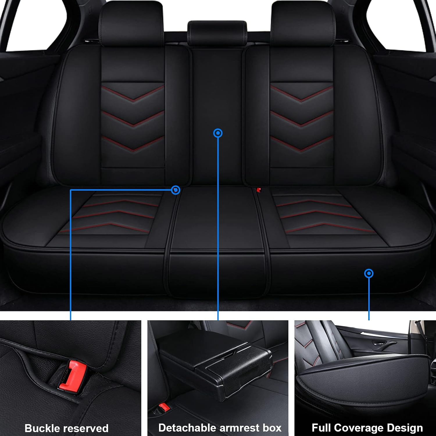 Universal Car Seat Covers Full Set with Headrest&Waist Pillow for 5-Seat Vehicles Front&Rear Full Coverage Seat Cushion, Black&Red