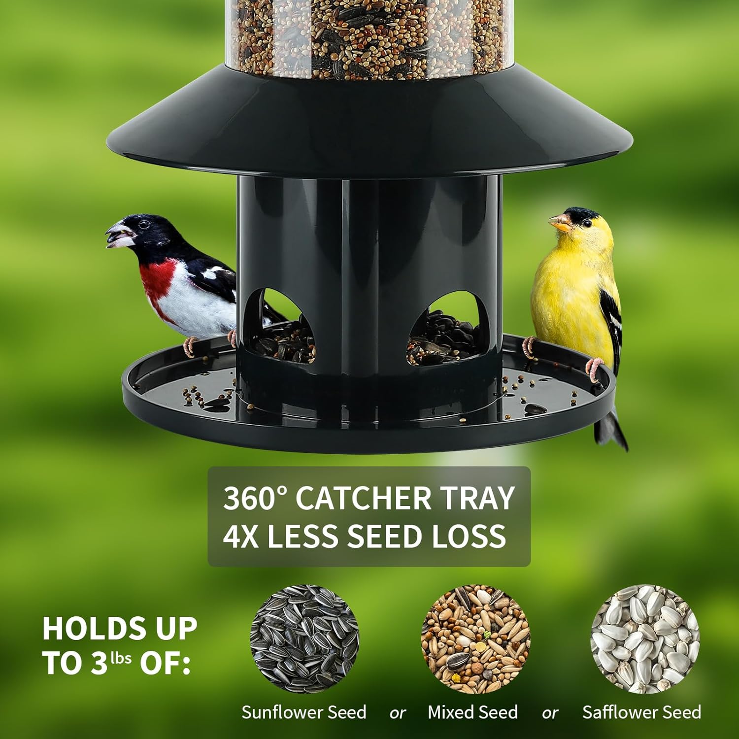 Squirrel Proof Bird Feeder - 360° Feeding Perch Tray for Outdoor Hanging Wild Bird Seeds, Dark Green. - Image 3