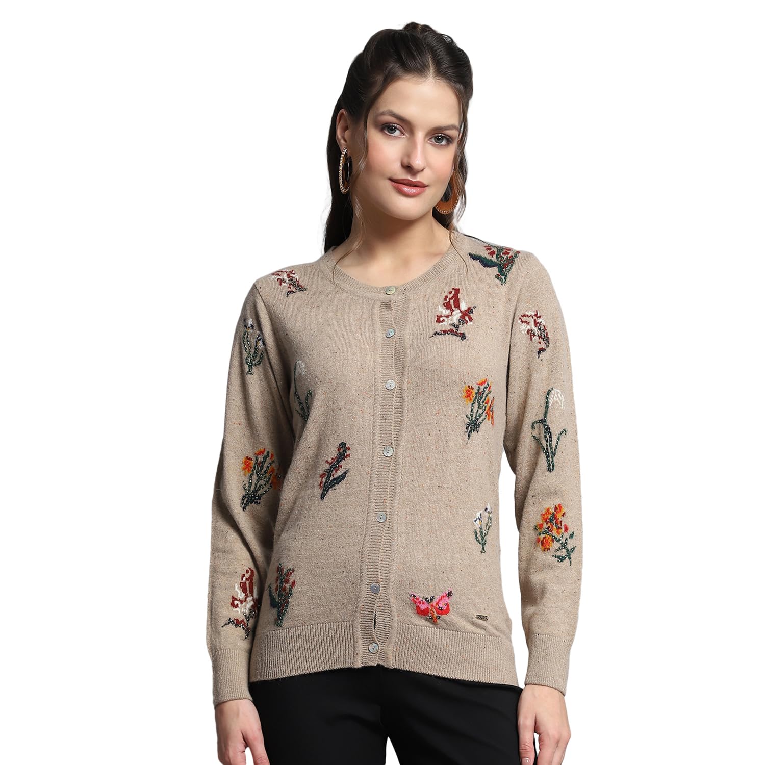 monte carlo Womens Self Design Camel Round Neck Full Sleeve Cardigan_1243763RN-2-picture-29