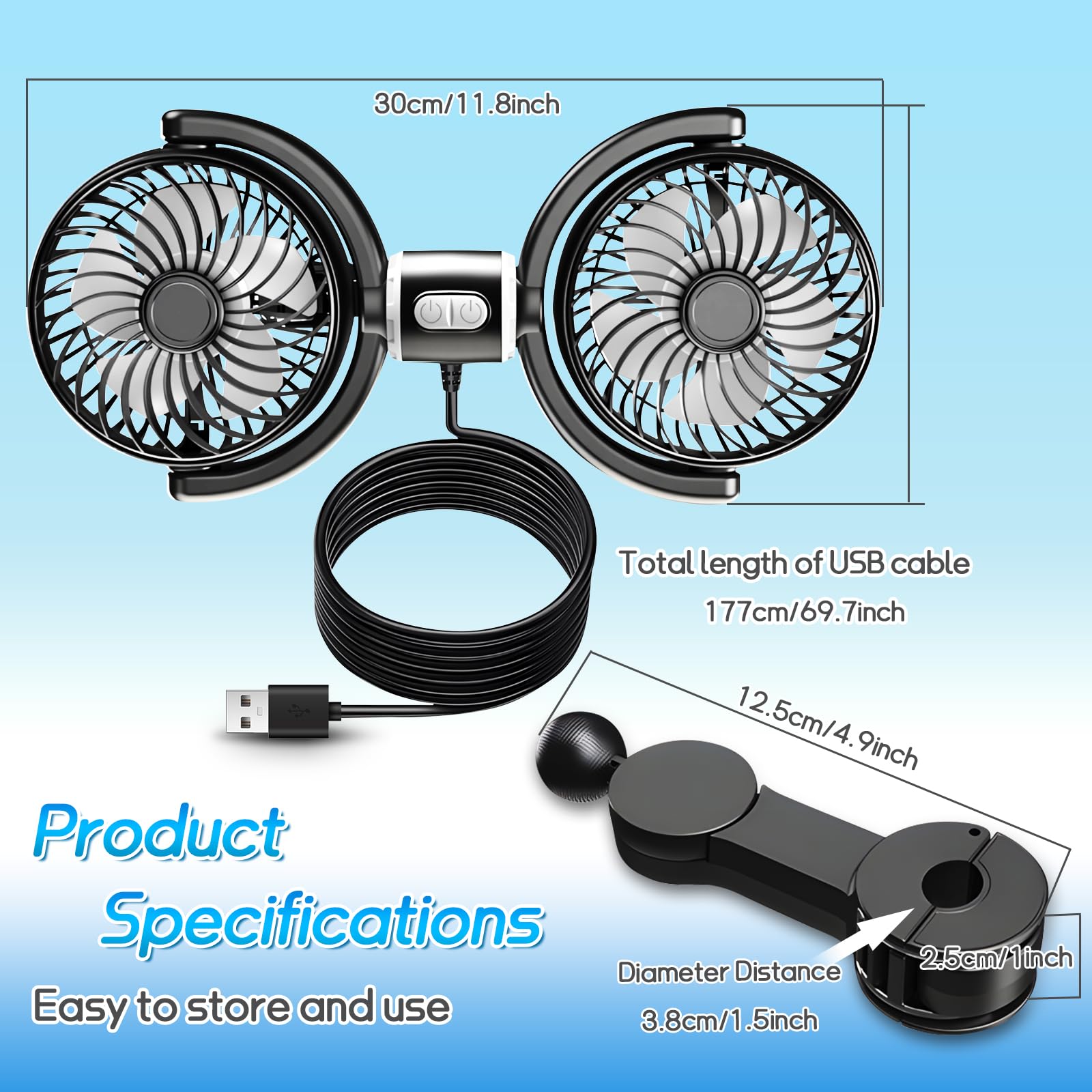 D-Lumina Ventilatore per auto da 12 V, doppia testa, girevole a 360°, con 3 velocità, ventilatore USB, ventilatore a clip per veicoli come berlina, SUV, RV per sedili posteriori